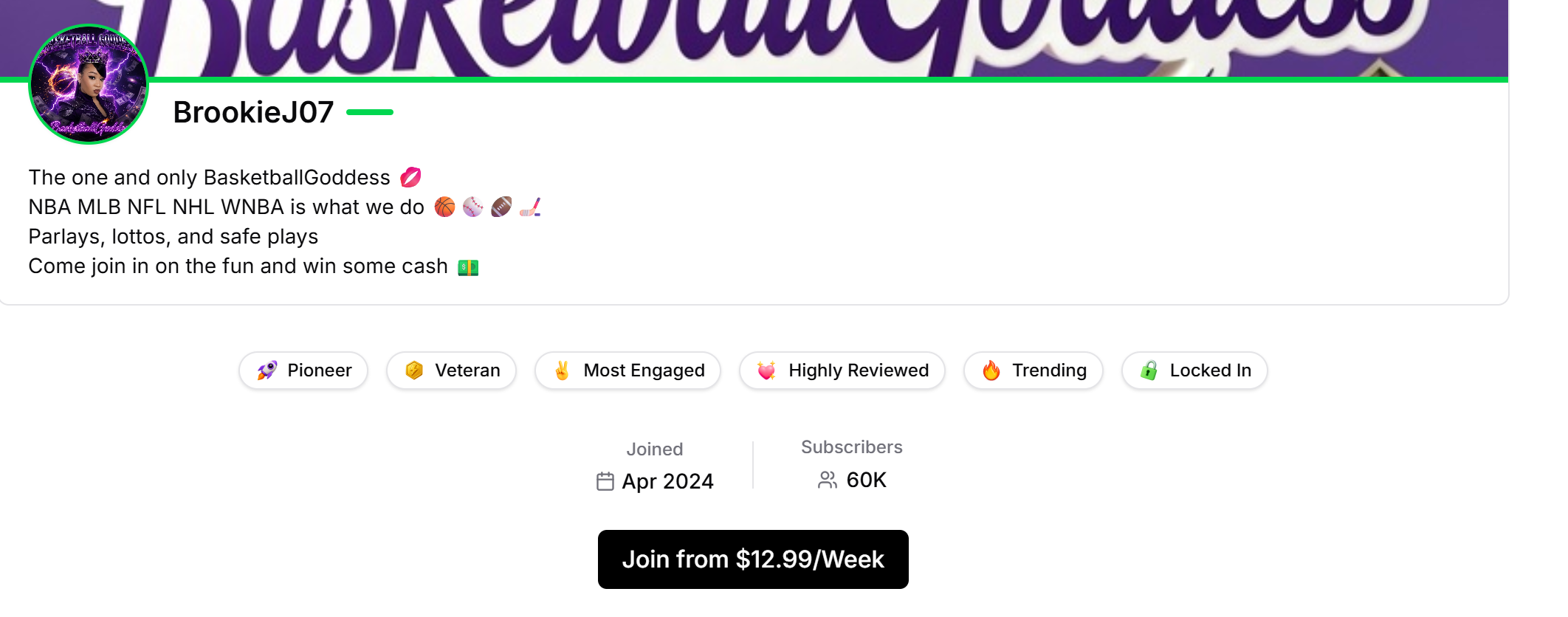 Paid pick seller profile with 60000 subscribers and a 12.99 weekly subscription