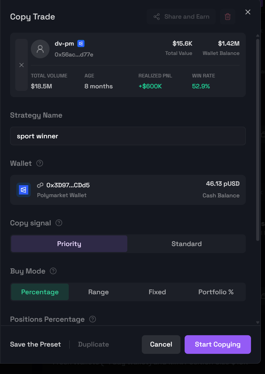 Monster Copy Trade setup panel with trader metrics, signal mode, wallet, and sizing controls