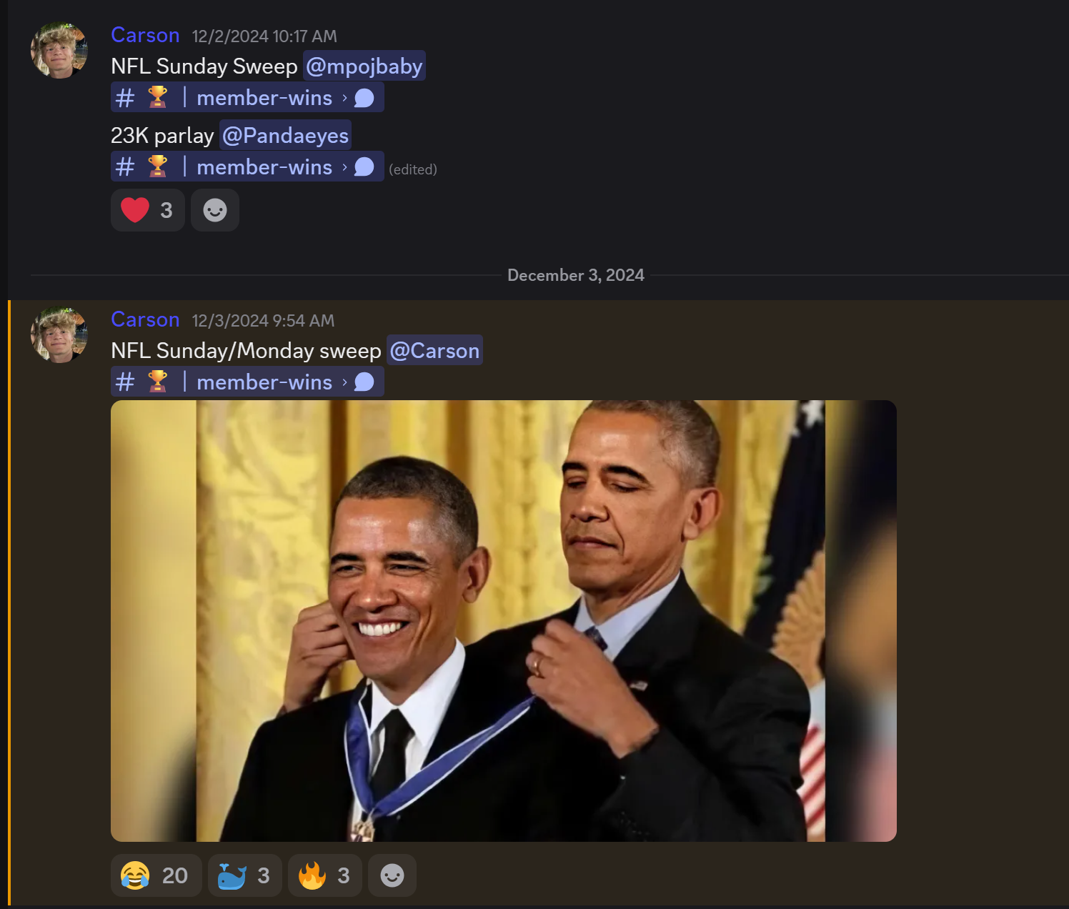 Monster Discord posts celebrating an NFL Sunday and Monday sweep